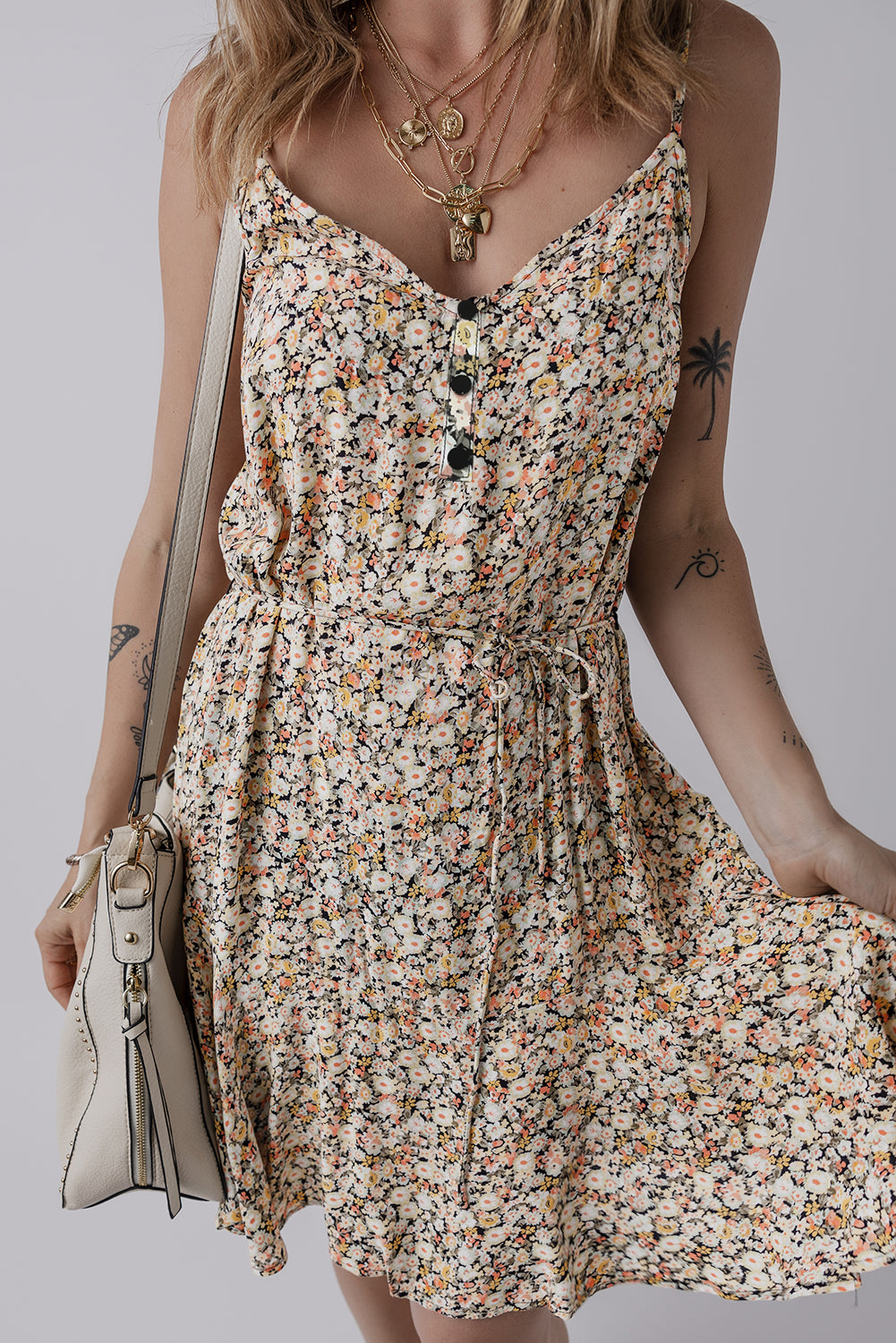 Khaki Boho Floral Printed Tie Waist Flared Sundress Floral Dresses JT's Designer Fashion