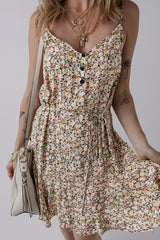 Khaki Boho Floral Printed Tie Waist Flared Sundress Floral Dresses JT's Designer Fashion