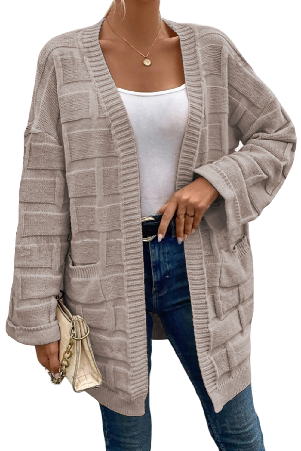 Delicacy Textured Knit Open Front Chic Cardigan with Pockets Cardigans JT's Designer Fashion