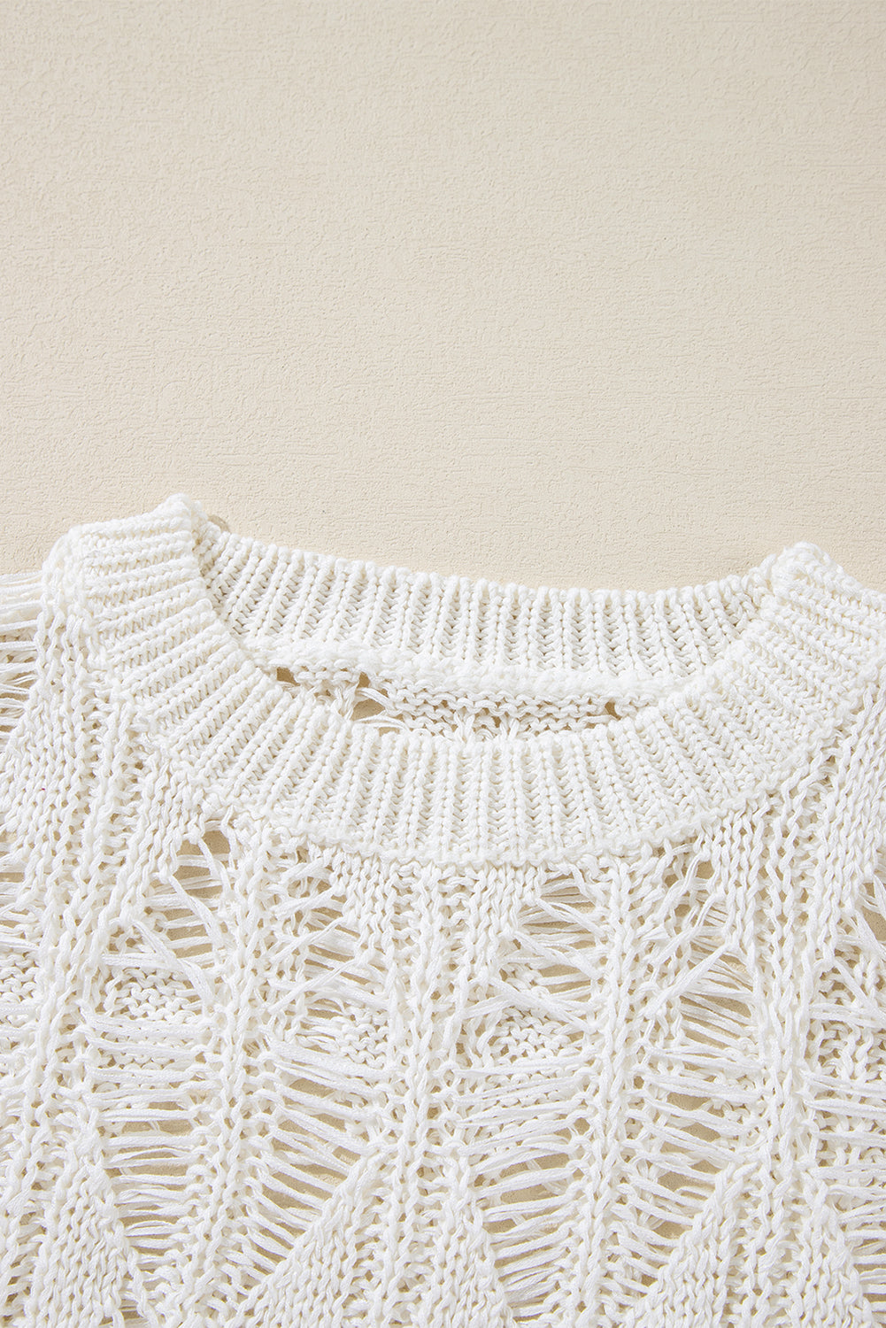 White Cut Out Crochet Crew Neck Loose Fit Sweater Sweaters JT's Designer Fashion