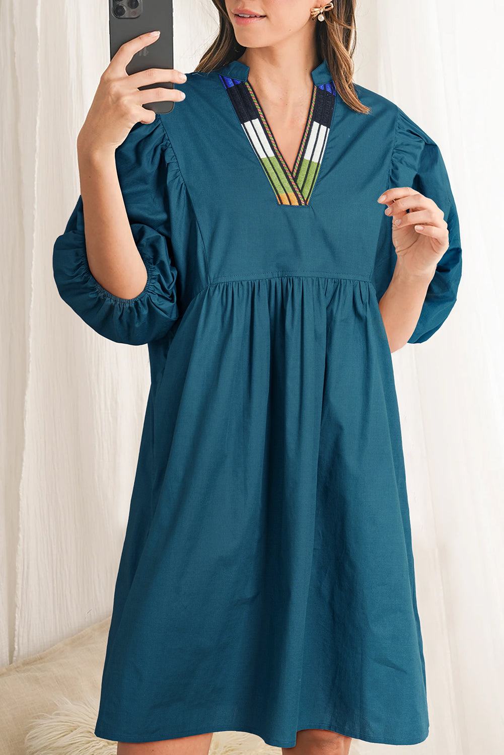 Blue Sapphire Colorblock Split V Neck Puff Sleeve Mini Dress Dresses JT's Designer Fashion