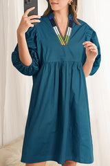 Blue Sapphire Colorblock Split V Neck Puff Sleeve Mini Dress Dresses JT's Designer Fashion