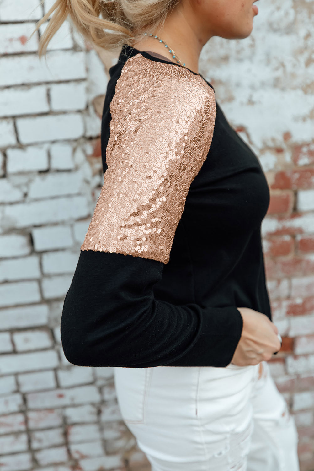 Black Sequin Shoulder Long Sleeve Top Long Sleeve Tops JT's Designer Fashion