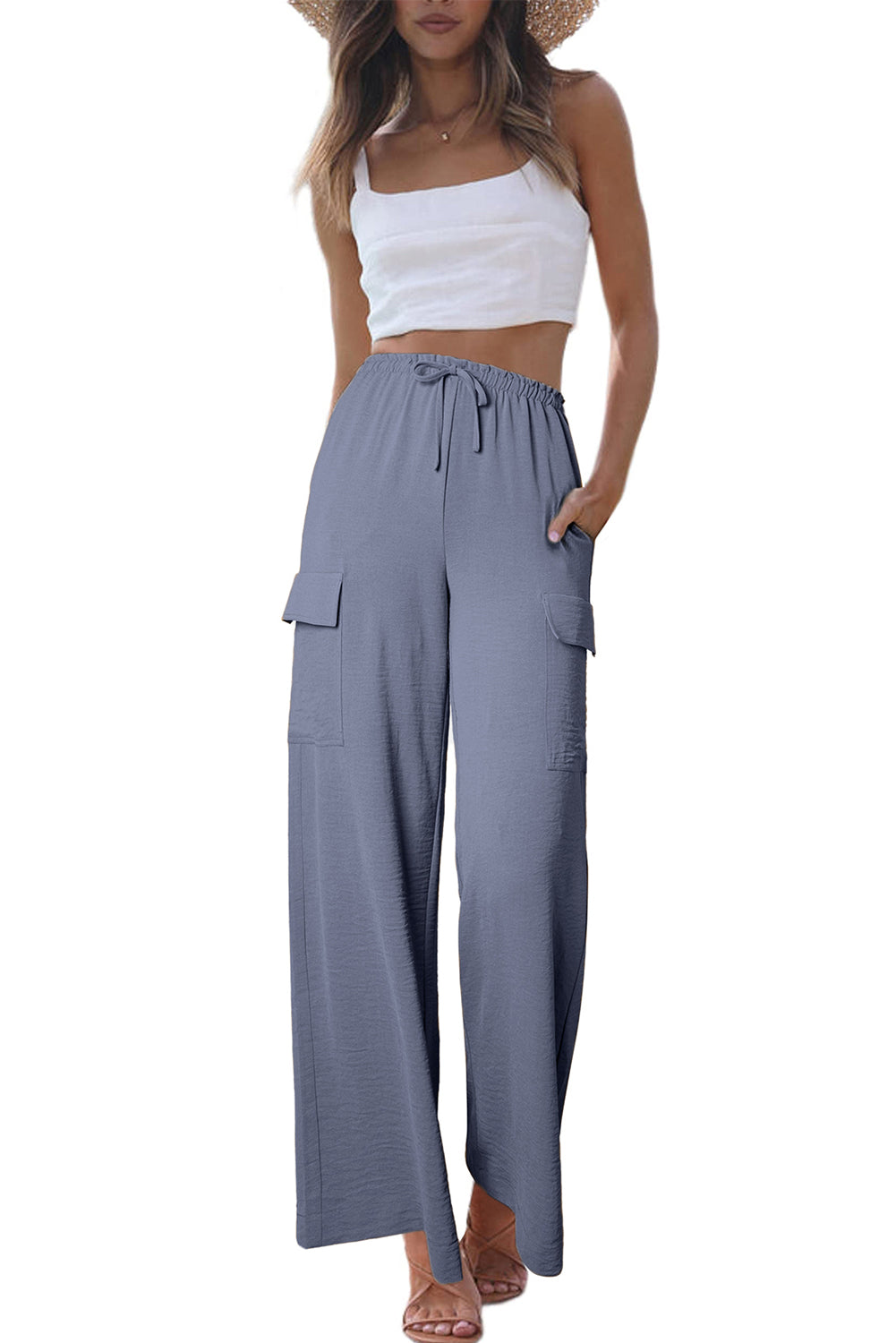 Dark Grey Drawstring Frilled Waist Wide Leg Utility Trousers Pants & Culotte JT's Designer Fashion