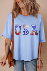 Myosotis USA Patched Drop Sleeve Crewneck T Shirt Graphic Tees JT's Designer Fashion