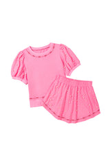 Pink Contrast Bow Trim Pearl Puff Sleeve Blouse and Skort 2pcs Set Short Sets JT's Designer Fashion