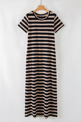 Black Stripe Casual Round Neck T-shirt Maxi Dress with Pockets T Shirt Dresses JT's Designer Fashion