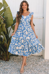 Sky Blue Floral U Neck Flutter Shoulder Tiered Flowy Midi Dress Floral Dresses JT's Designer Fashion