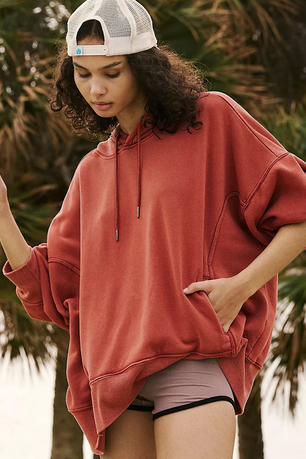 Red Clay Drop Shoulder Pocketed Baggy Drawstring Hoodie Sweatshirts & Hoodies JT's Designer Fashion