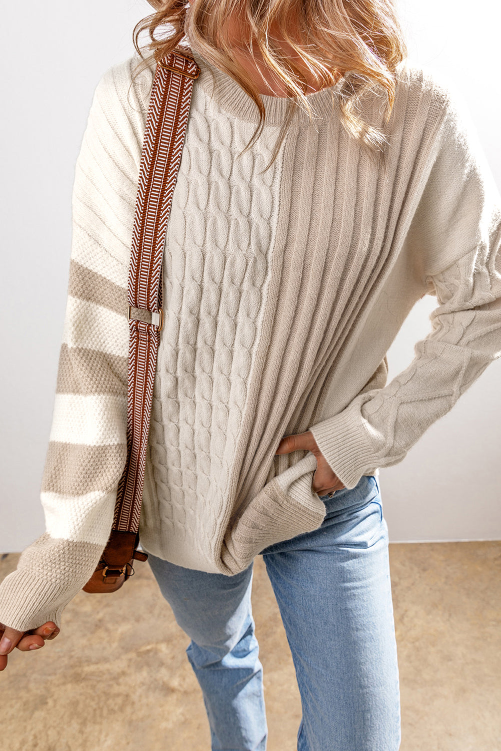 Khaki Cable Knit Colorblock Crew Neck Drop Shoulder Sweater Sweaters JT's Designer Fashion