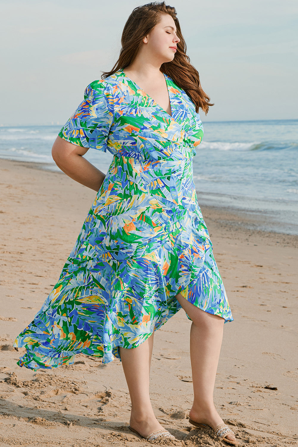 Green Leaves Print Short Sleeve Surplice Neck Ruffled Trim Plus Size Maxi Dress Plus Size Maxi Dresses JT's Designer Fashion