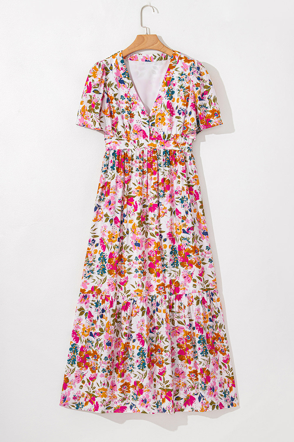 Red Floral Short Sleeve V Neck High Waist Maxi Dress Floral Dresses JT's Designer Fashion