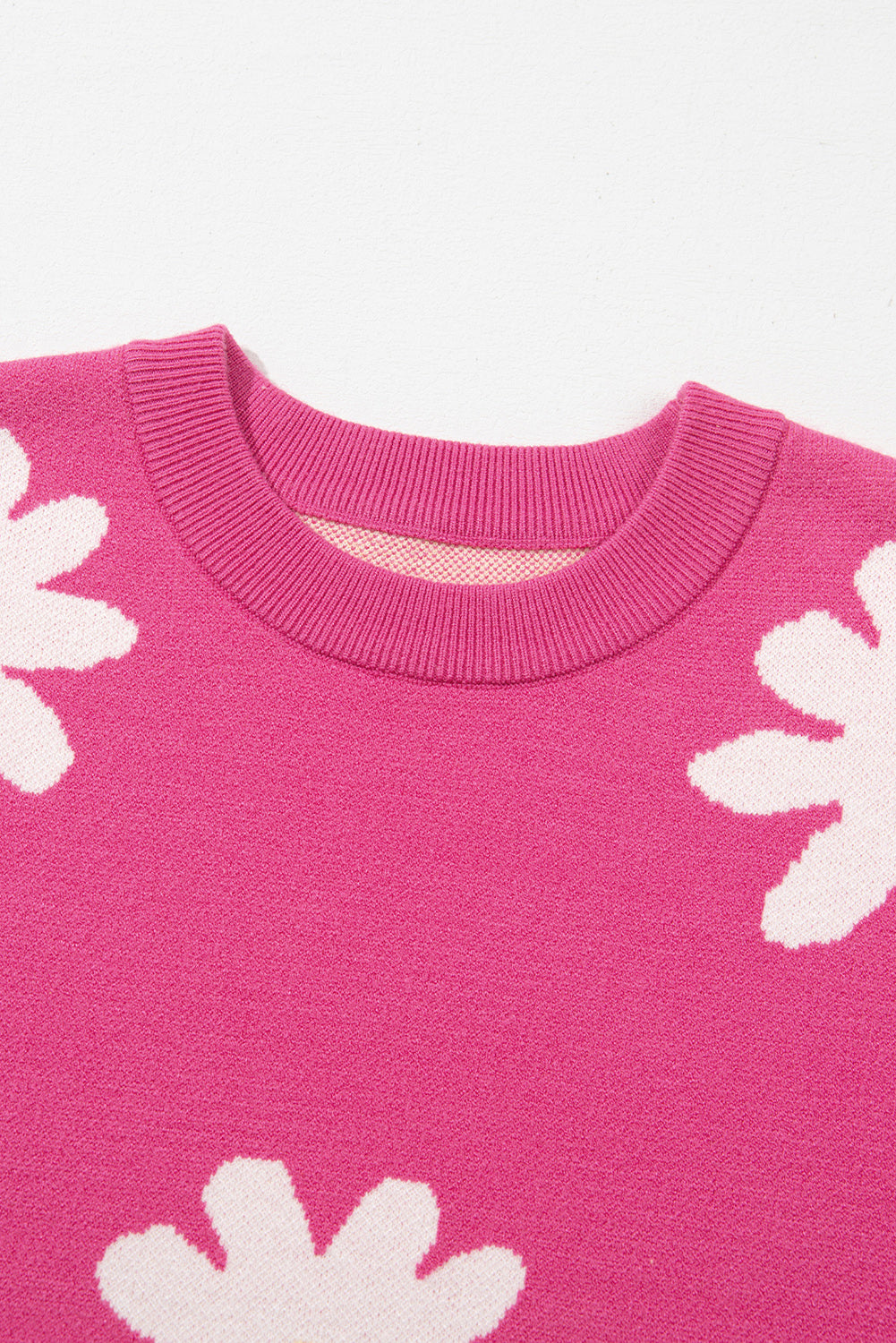 Bright Pink Daisy Flower Crew Neck Long Sleeve Sweater Sweaters JT's Designer Fashion