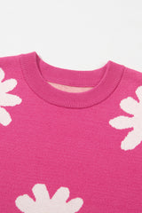 Bright Pink Daisy Flower Crew Neck Long Sleeve Sweater Sweaters JT's Designer Fashion