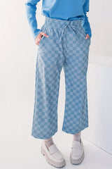 Sky Blue Checkered Elastic High Waist Loose Casual Pants Pants & Culotte JT's Designer Fashion