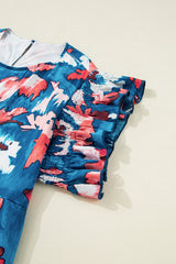 Blue Abstract Print Shirred Ruffled Short Sleeve Tiered Plus Size Mini Dress Plus Size Mini Dresses JT's Designer Fashion