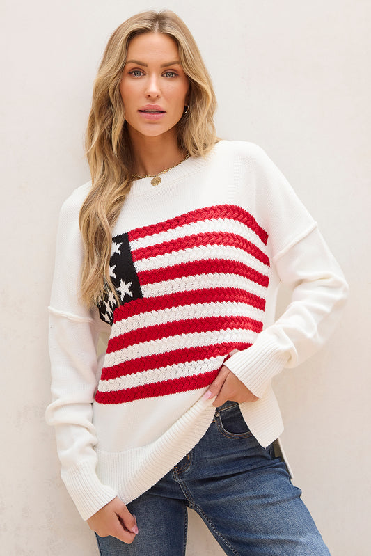 White American Flag Cable Knit Drop Shoulder Sweater White 55%Acrylic+45%Cotton Sweaters JT's Designer Fashion