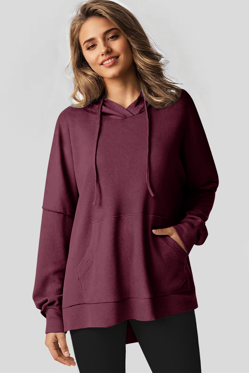 Red Dahlia Waffle Knit Fleece Lined High Low Oversized Hoodie Sweatshirts & Hoodies JT's Designer Fashion