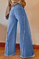 Beau Blue Vintage Stitching Raw Hem Flared Jeans Jeans JT's Designer Fashion