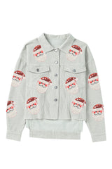 Sky Blue Sequined Santa Claus Flap Pocket Corduroy Jacket Jackets JT's Designer Fashion