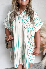 Green Stripe Plus Size St Patricks Day Short Sleeve Buttoned Shirt Dress Green Stripe 100%Cotton Plus Size Mini Dresses JT's Designer Fashion