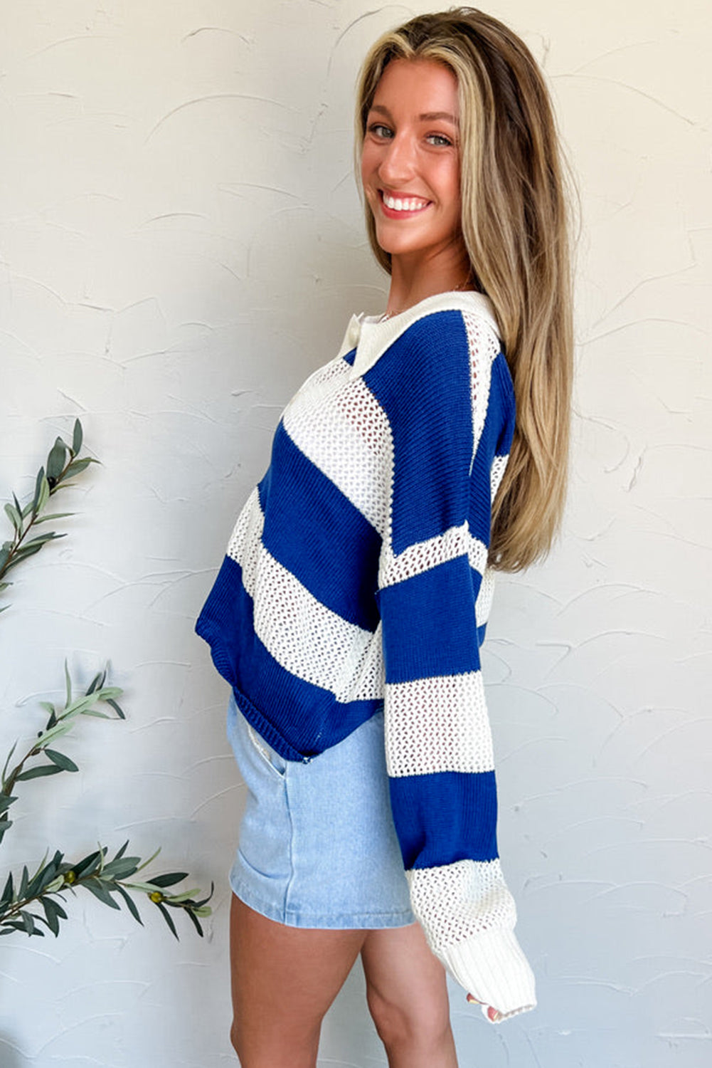 Blue Stripe Colorblock Polo Collar Eyelet Crochet Knitted Sweater Sweaters JT's Designer Fashion