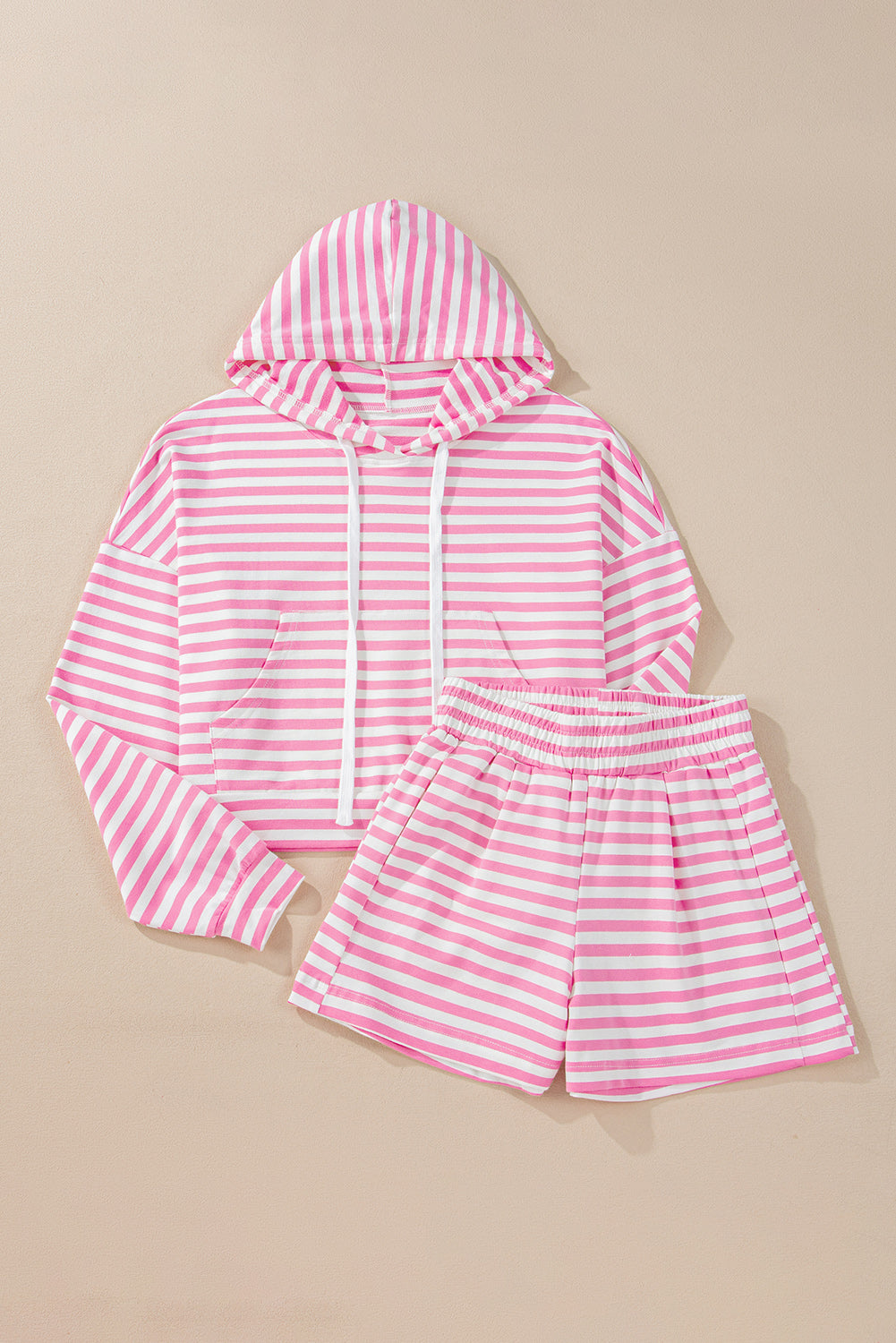 Pink Stripe Kangaroo Pocket Hoodie and Wide Leg Shorts Set Short Sets JT's Designer Fashion