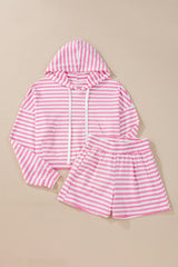 Pink Stripe Kangaroo Pocket Hoodie and Wide Leg Shorts Set Short Sets JT's Designer Fashion