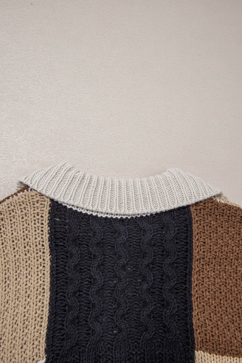 Multicolour Color Block Cable Knit Sleeve Buttons Collared Sweater Sweaters JT's Designer Fashion