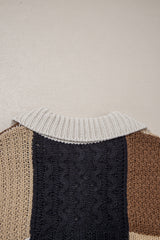 Multicolour Color Block Cable Knit Sleeve Buttons Collared Sweater Sweaters JT's Designer Fashion