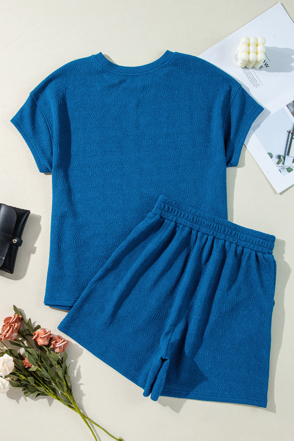 Bluing Solid Textured Crew Neck Short Set Short Sets JT's Designer Fashion