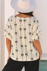 Beige Bow Print Puff Short Sleeve Top Blouses & Shirts JT's Designer Fashion