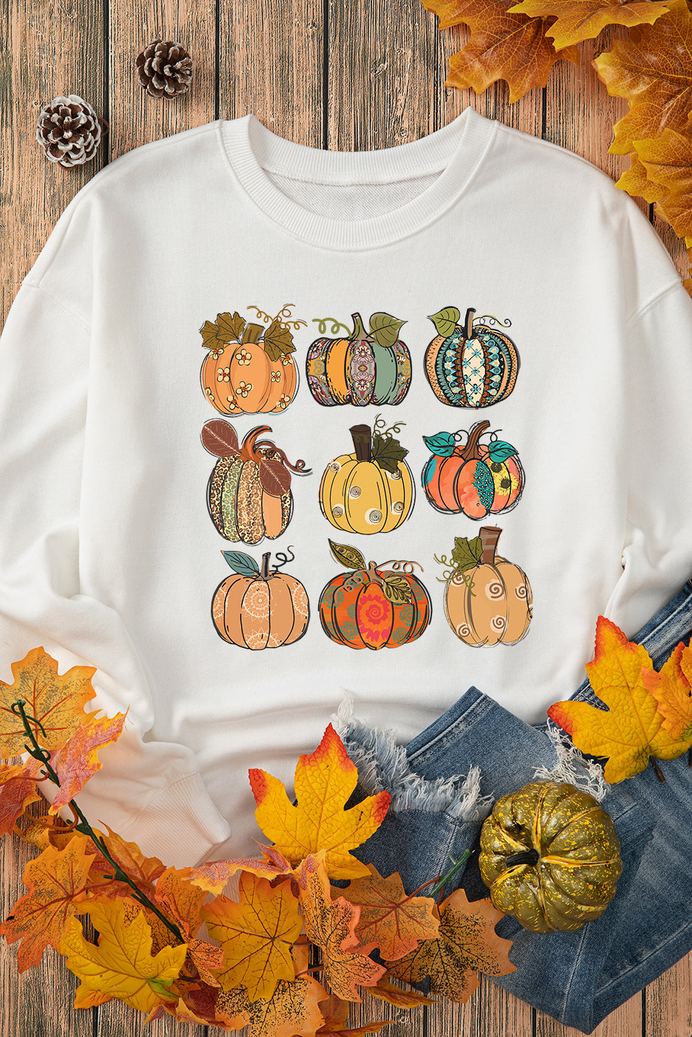 Beige Thanksgiving Pumpkin Print Drop Shoulder Sweatshirt Beige 50%Polyester+50%Cotton Graphic Sweatshirts JT's Designer Fashion