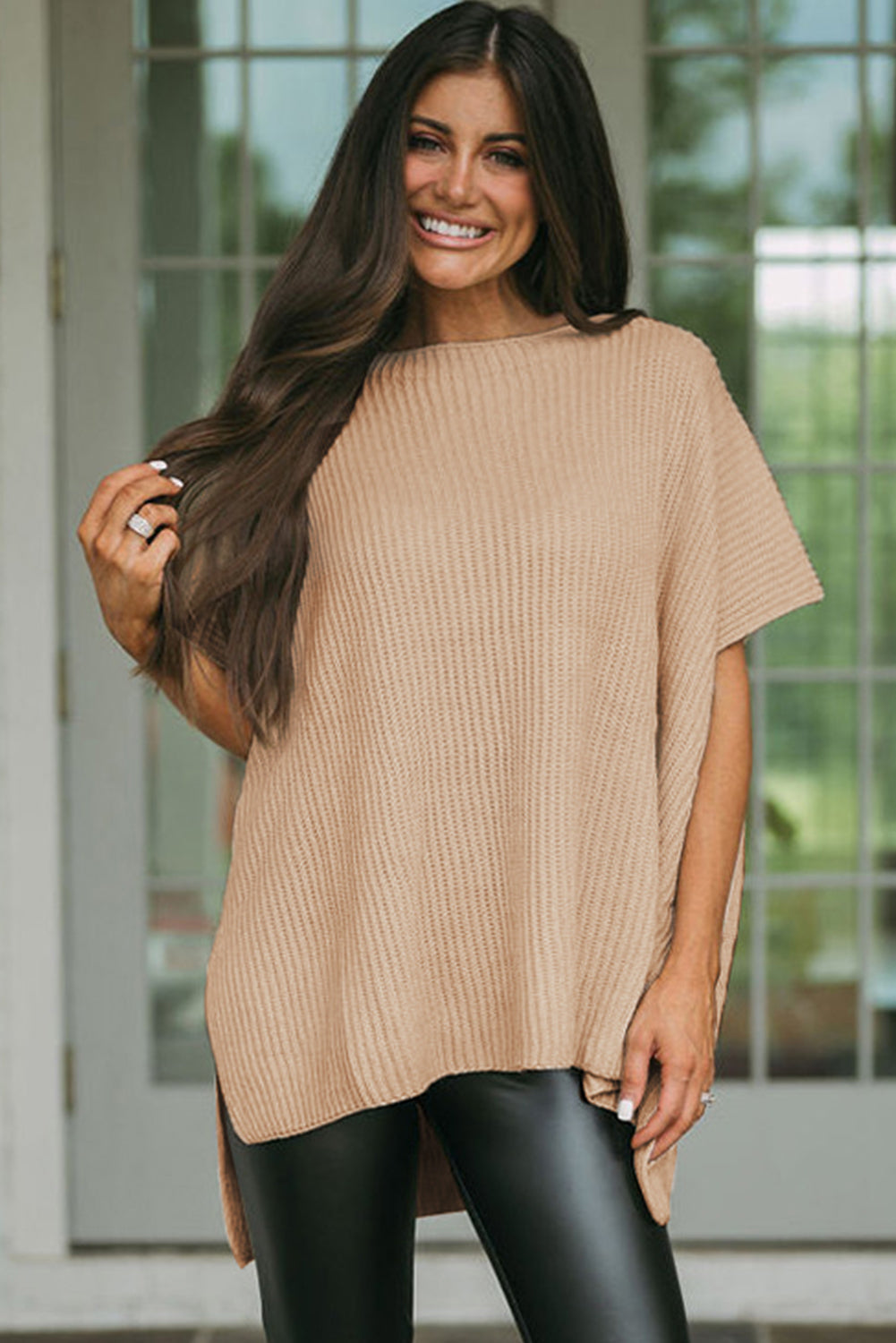 Apricot Short Sleeve Side Slit Oversized Sweater Sweaters & Cardigans JT's Designer Fashion