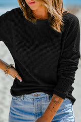 Black Waffle Knit Drop Shoulder Long Sleeve Top Long Sleeve Tops JT's Designer Fashion