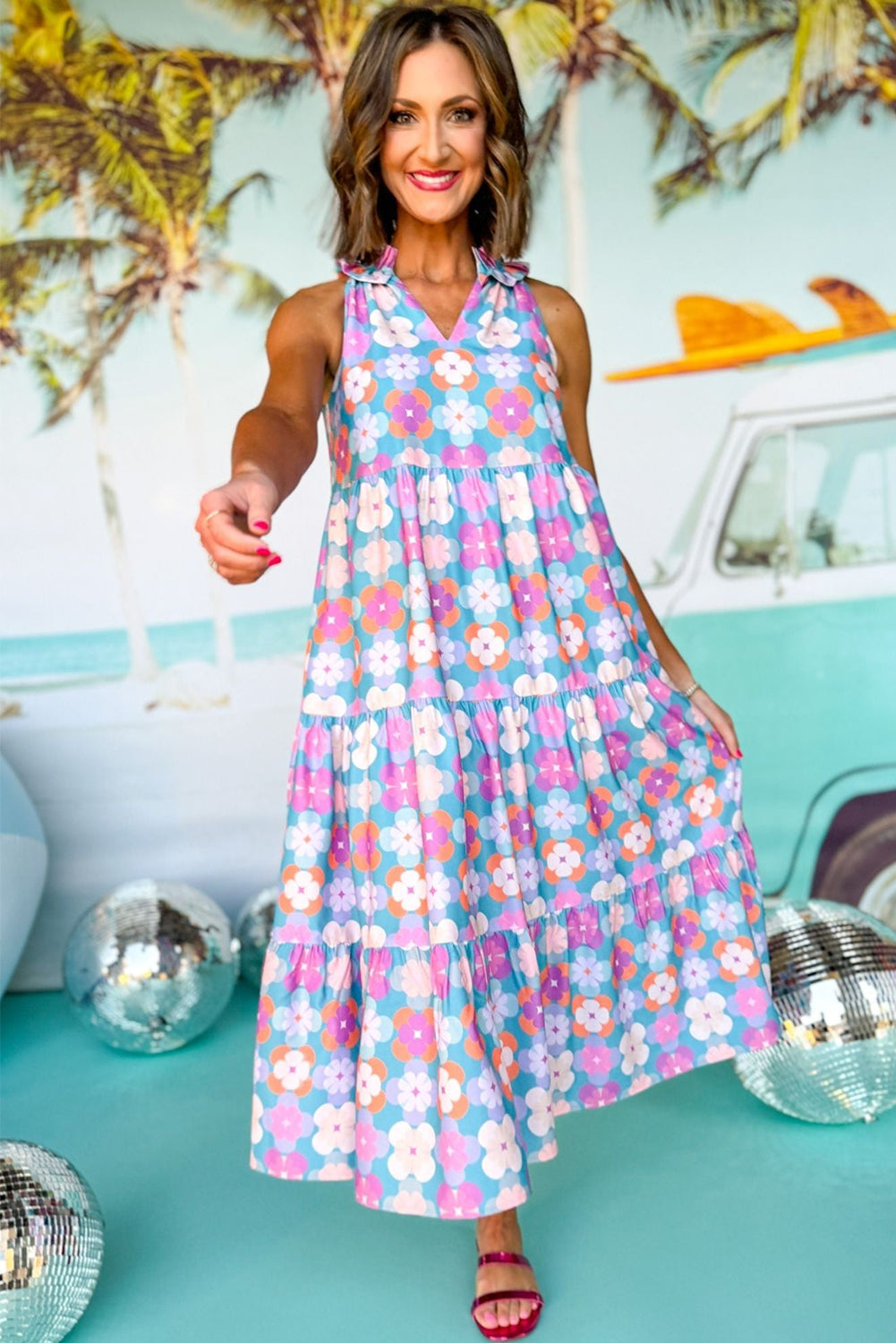 Sky Blue Frilly Split Neck Sleeveless Tiered Maxi Dress Dresses JT's Designer Fashion