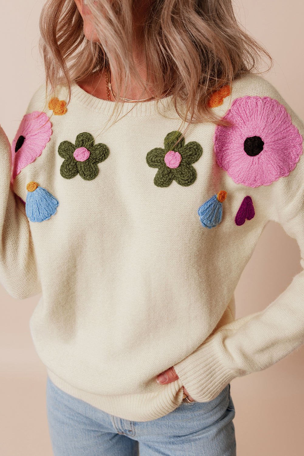 Beige Knitted Flower Pattern Ribbed Edge Sweater Sweaters JT's Designer Fashion