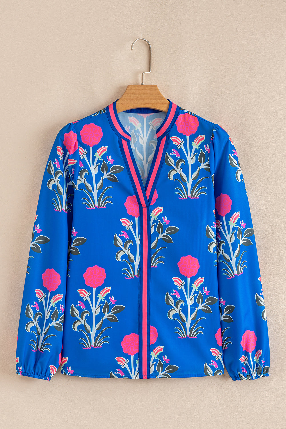 Blue Floral Print Contrast Striped Trim Notched Neck Long Sleeve Blouse Blouses & Shirts JT's Designer Fashion