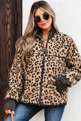 Khaki Leopard Print Zip Up Stand Neck Side Pocket Jacket Khaki 100%Polyester Jackets JT's Designer Fashion
