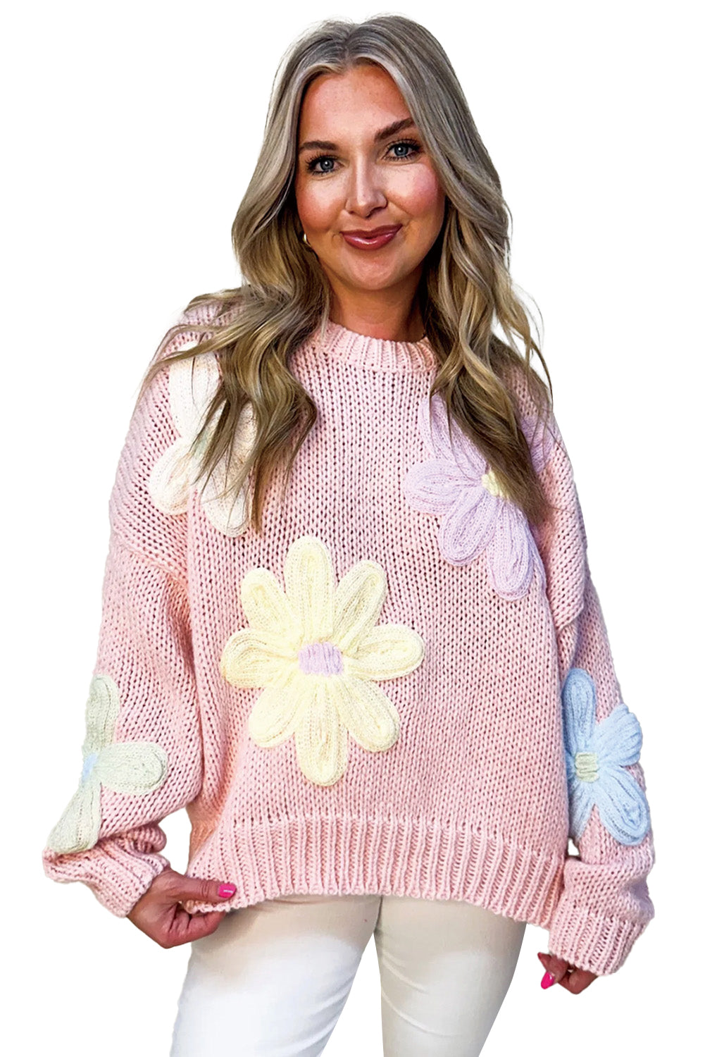 Pink Petals & Threads Embroidered Floral Sweater Sweaters JT's Designer Fashion