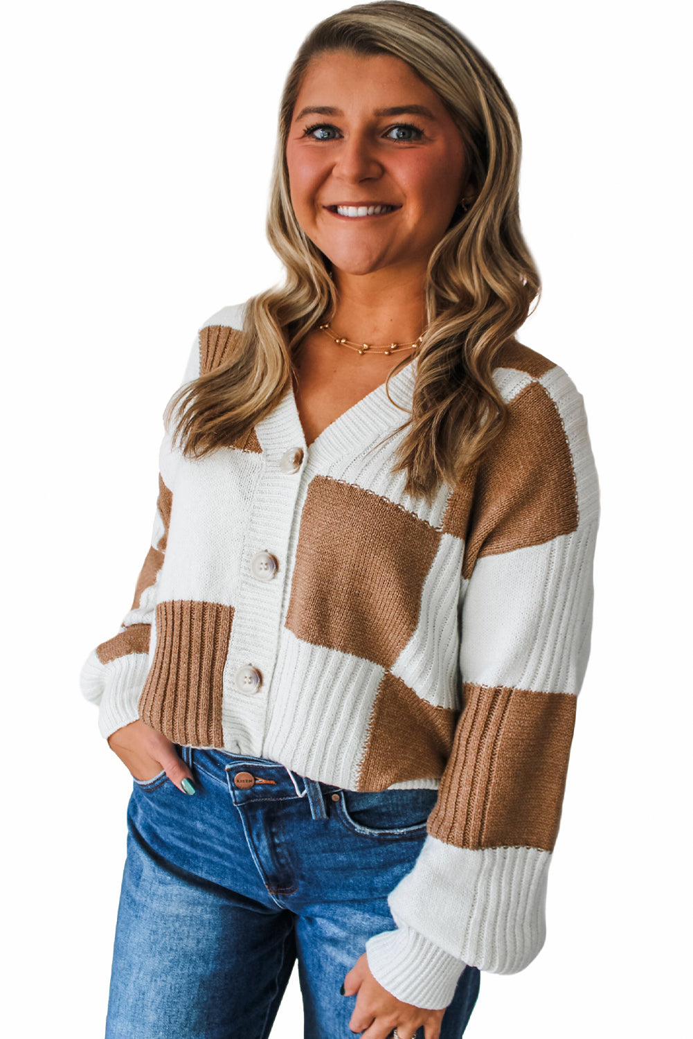 Khaki Checkered Pattern Ribbed Detail Button V Neck Sweater Cardigan Cardigans JT's Designer Fashion