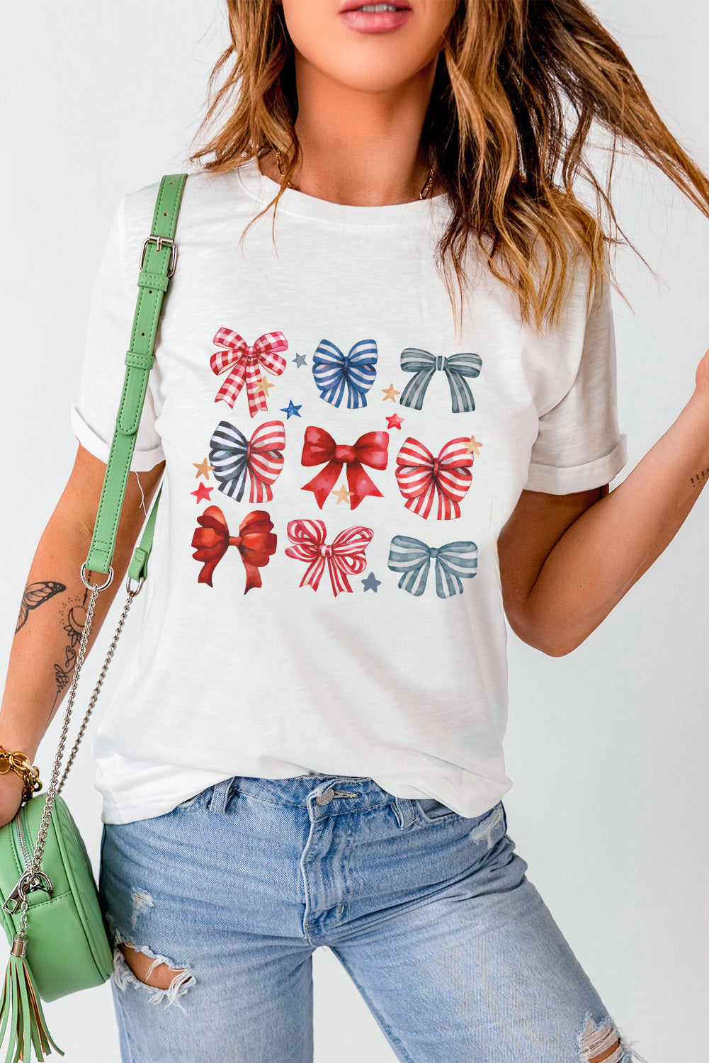 White Stripe and Star Bowknot Graphic Tee Graphic Tees JT's Designer Fashion