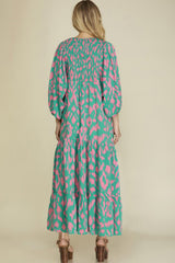 Green Abstract Print Puff Sleeve Tied Notched Neck Long Dress Maxi Dresses JT's Designer Fashion