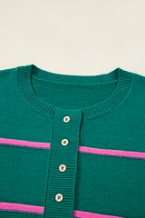 Green Stripe Half Buttons Drop Shoulder Oversized Sweater Sweaters JT's Designer Fashion