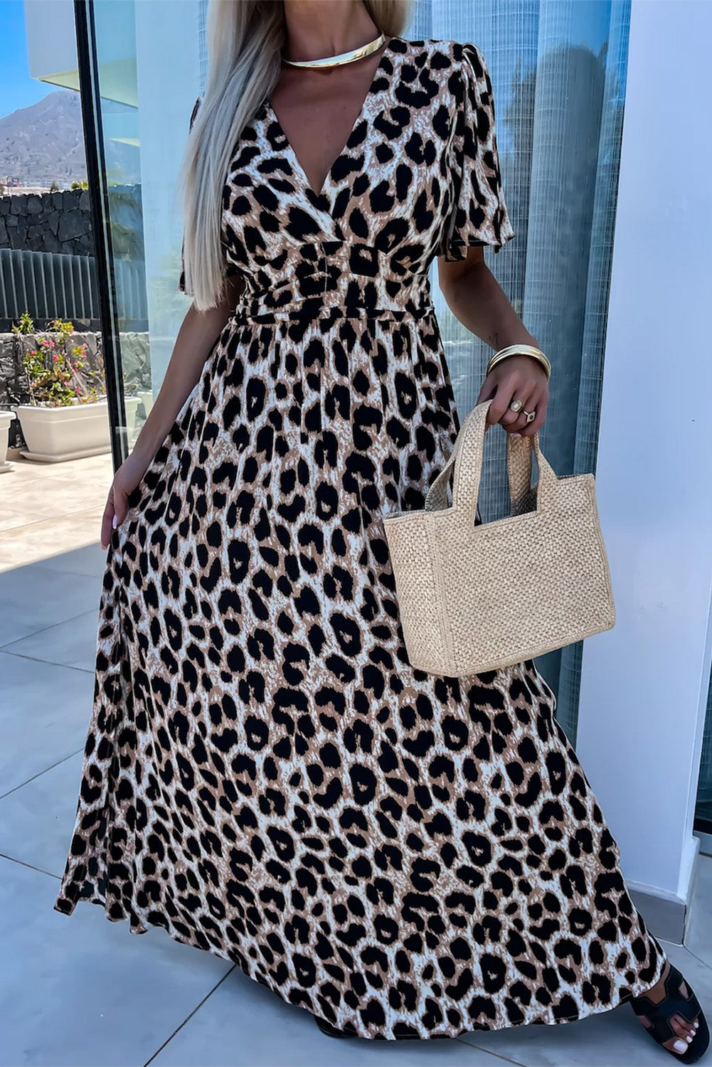 Khaki Leopard V Neck Cinched High Waist Open Back Long Dress Khaki 100%Polyester Maxi Dresses JT's Designer Fashion