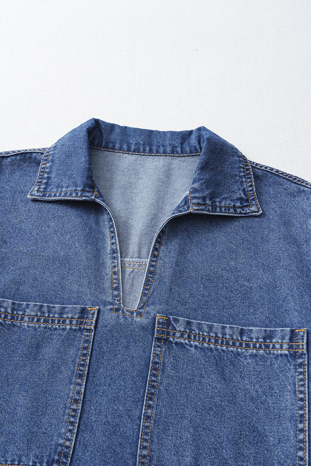 Blue Short Sleeve Collared Patched Pocket Denim Mini Dress Mini Dresses JT's Designer Fashion
