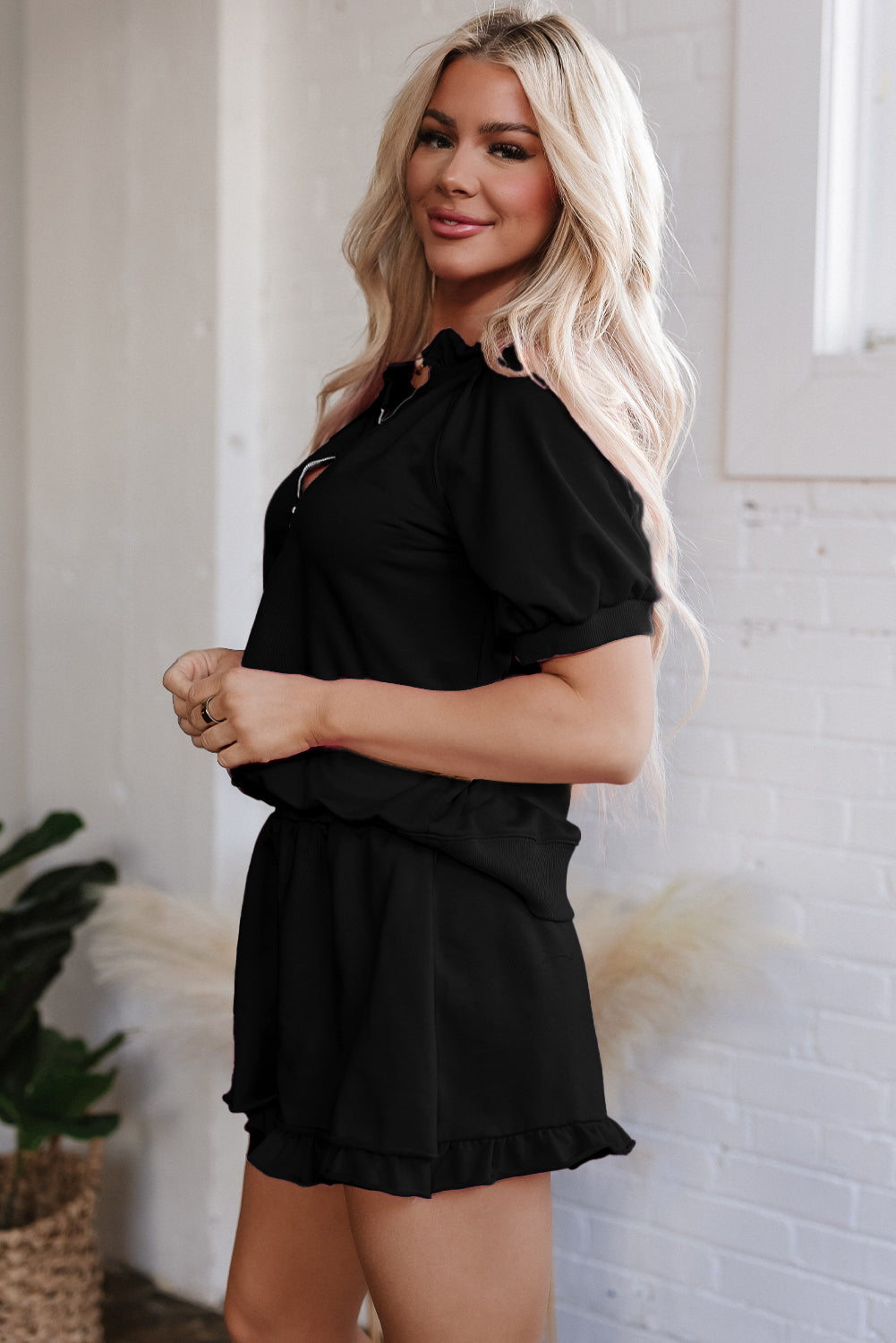 Black Half Zip Puff Sleeve Top and Ruffled Shorts Set Short Sets JT's Designer Fashion
