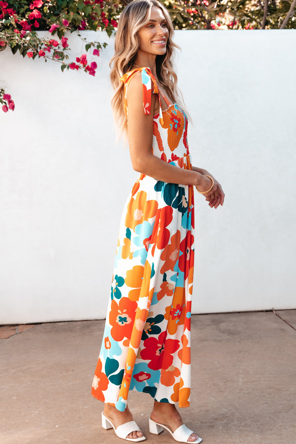 Orange Floral Self Tied Straps Smocked Bust Maxi Dress Floral Dresses JT's Designer Fashion