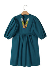 Blue Sapphire Colorblock Split V Neck Puff Sleeve Mini Dress Dresses JT's Designer Fashion
