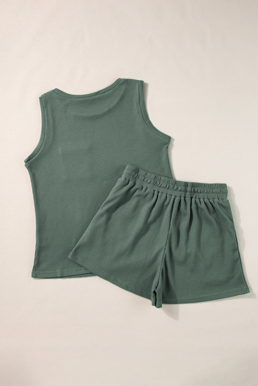 Mist Green Waffle Knit Patched Pocket Tank and Drawstring Shorts Set Short Sets JT's Designer Fashion